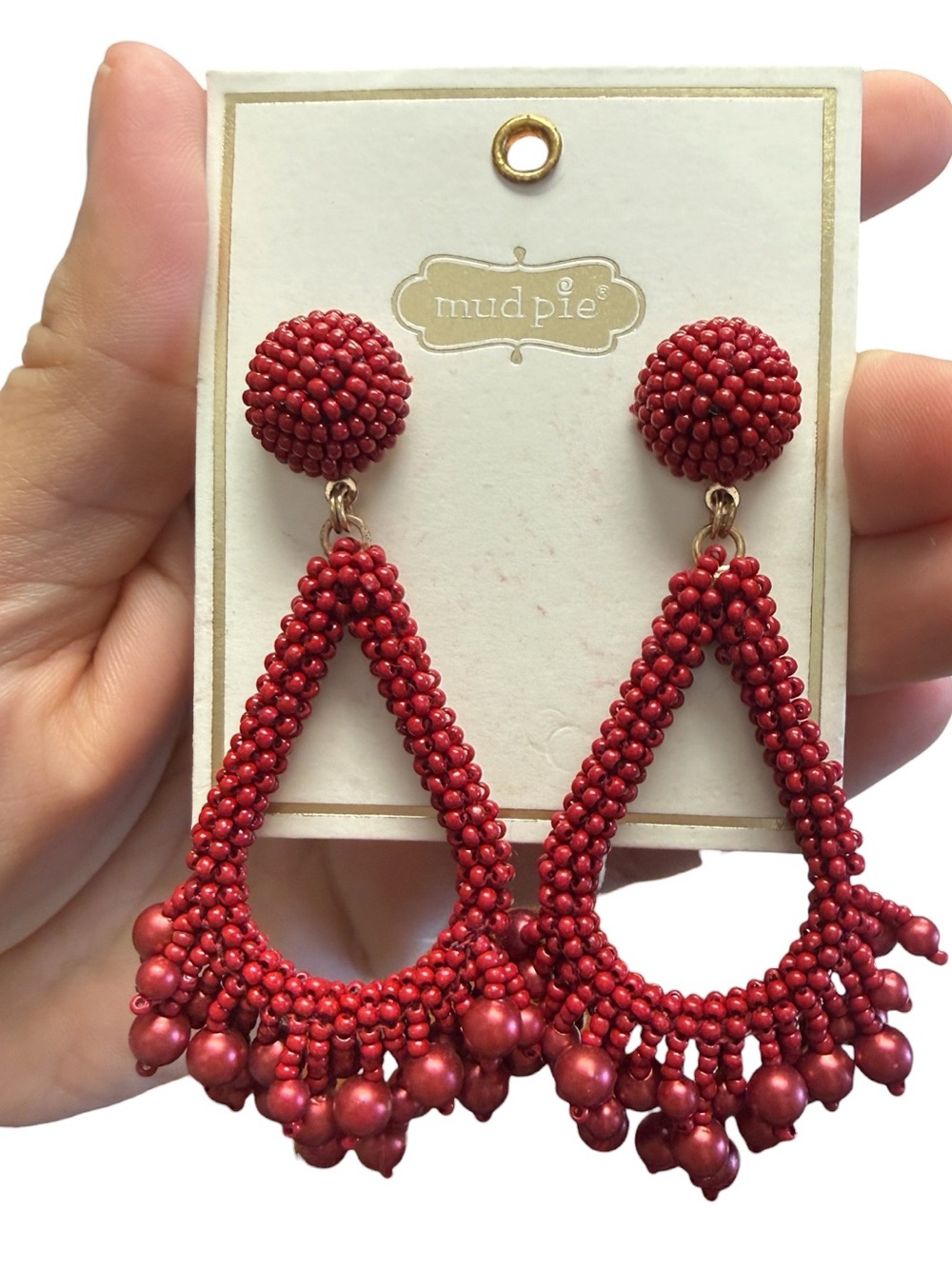 New- Mud Pie Red Beaded Teardrop Fringe Statement Earrings